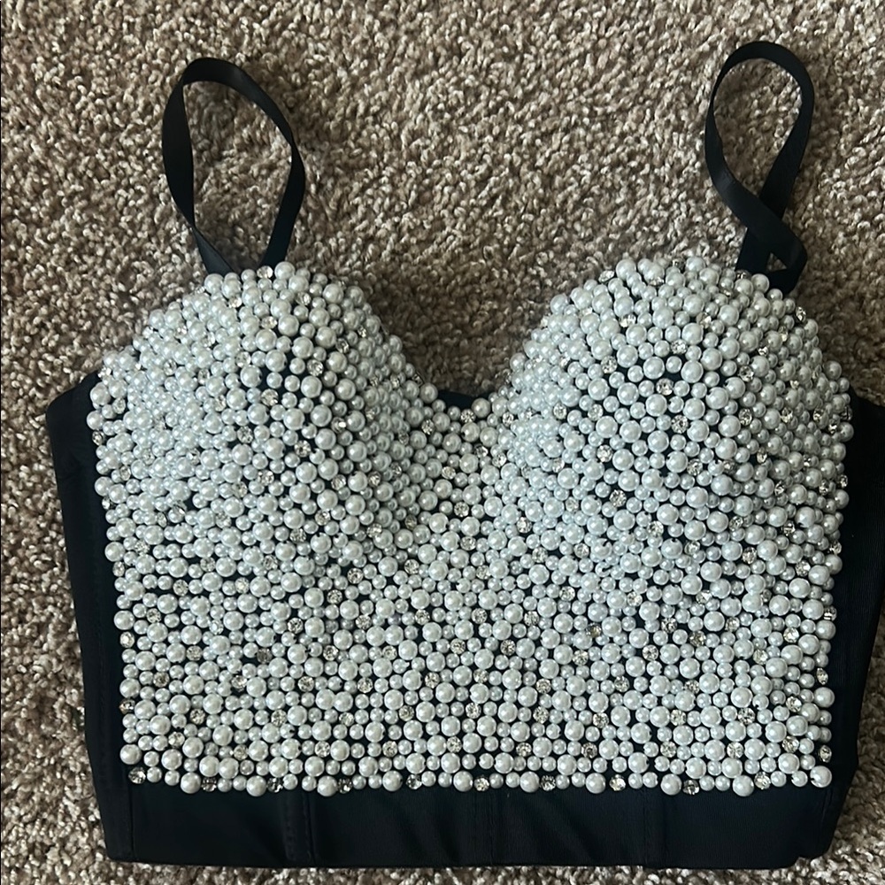 Pearl-Embellished Black Bustier Crop Top